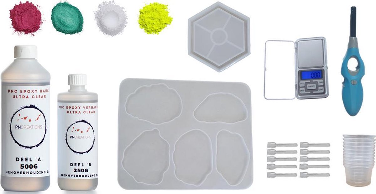 PNCreations Epoxy Hars Ultra Clear Coasterset/Set voor Onderleggers | 750 G | Inclusief Precisie Weegschaal | Coaster Mallen! | 4 Kleurpgimenten/Pigmentpoeder Incl. 1 Fluo!| Handige Aansteker | 10 Mengstaafjes | 10 Mengpotjes